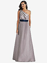 Alt View 1 Thumbnail - Cashmere Gray & Midnight Navy Draped One-Shoulder Satin Maxi Dress with Pockets