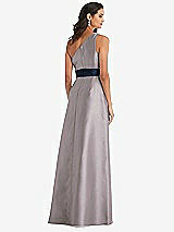 Alt View 3 Thumbnail - Cashmere Gray & Midnight Navy Draped One-Shoulder Satin Maxi Dress with Pockets