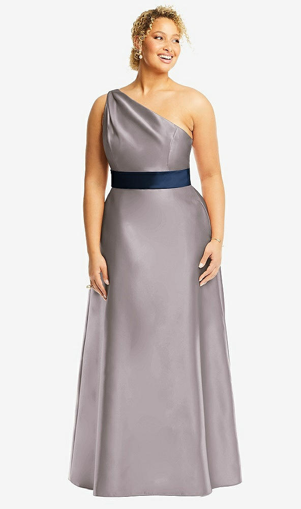 Front View - Cashmere Gray & Midnight Navy Draped One-Shoulder Satin Maxi Dress with Pockets