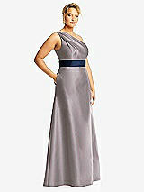 Side View Thumbnail - Cashmere Gray & Midnight Navy Draped One-Shoulder Satin Maxi Dress with Pockets