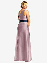 Rear View Thumbnail - Dusty Rose & Midnight Navy Draped One-Shoulder Satin Maxi Dress with Pockets