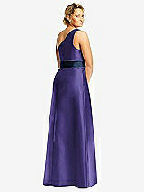 Rear View Thumbnail - Grape & Midnight Navy Draped One-Shoulder Satin Maxi Dress with Pockets