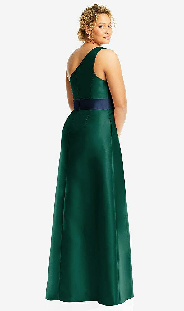 Back View - Hunter Green & Midnight Navy Draped One-Shoulder Satin Maxi Dress with Pockets