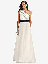 Alt View 1 Thumbnail - Ivory & Midnight Navy Draped One-Shoulder Satin Maxi Dress with Pockets