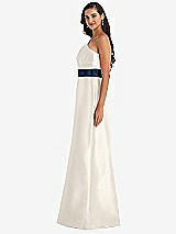 Alt View 2 Thumbnail - Ivory & Midnight Navy Draped One-Shoulder Satin Maxi Dress with Pockets