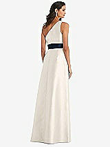 Alt View 3 Thumbnail - Ivory & Midnight Navy Draped One-Shoulder Satin Maxi Dress with Pockets