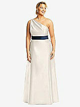 Front View Thumbnail - Ivory & Midnight Navy Draped One-Shoulder Satin Maxi Dress with Pockets