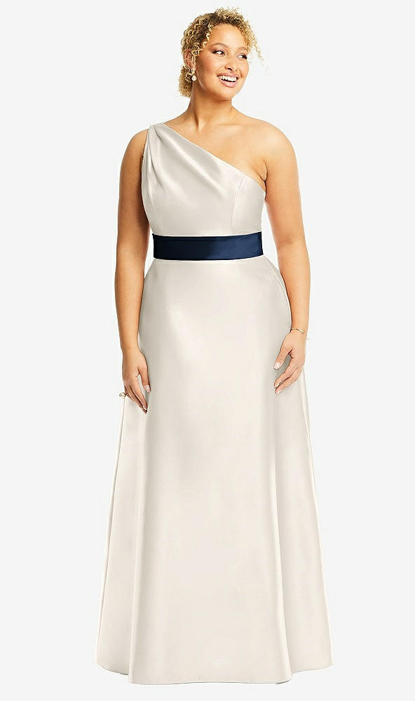Front View - Ivory & Midnight Navy Draped One-Shoulder Satin Maxi Dress with Pockets