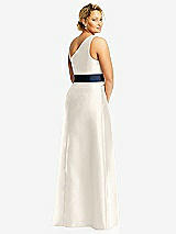 Rear View Thumbnail - Ivory & Midnight Navy Draped One-Shoulder Satin Maxi Dress with Pockets