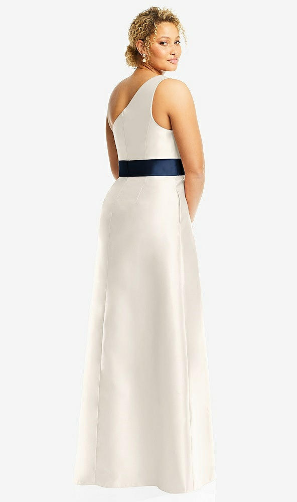 Back View - Ivory & Midnight Navy Draped One-Shoulder Satin Maxi Dress with Pockets