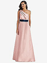 Alt View 1 Thumbnail - Rose & Midnight Navy Draped One-Shoulder Satin Maxi Dress with Pockets