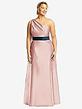 Front View Thumbnail - Rose & Midnight Navy Draped One-Shoulder Satin Maxi Dress with Pockets