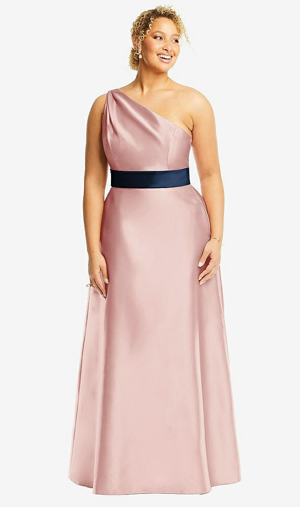 Front View - Rose & Midnight Navy Draped One-Shoulder Satin Maxi Dress with Pockets