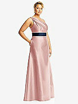 Side View Thumbnail - Rose & Midnight Navy Draped One-Shoulder Satin Maxi Dress with Pockets
