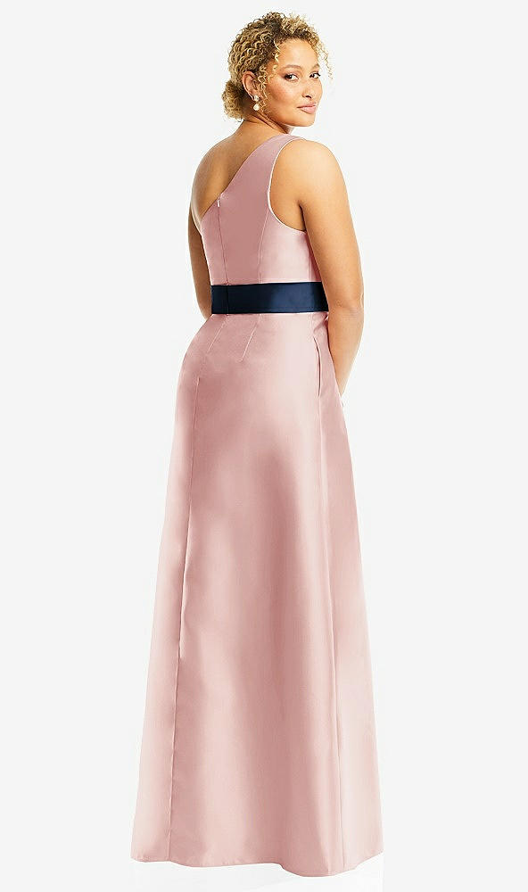Back View - Rose & Midnight Navy Draped One-Shoulder Satin Maxi Dress with Pockets