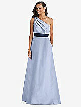 Alt View 1 Thumbnail - Sky Blue & Midnight Navy Draped One-Shoulder Satin Maxi Dress with Pockets