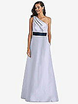 Alt View 1 Thumbnail - Silver Dove & Midnight Navy Draped One-Shoulder Satin Maxi Dress with Pockets