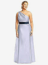 Front View Thumbnail - Silver Dove & Midnight Navy Draped One-Shoulder Satin Maxi Dress with Pockets