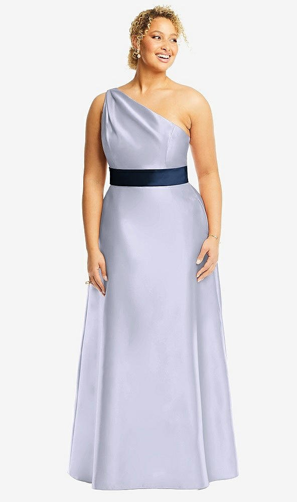Front View - Silver Dove & Midnight Navy Draped One-Shoulder Satin Maxi Dress with Pockets