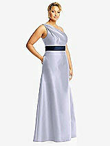 Side View Thumbnail - Silver Dove & Midnight Navy Draped One-Shoulder Satin Maxi Dress with Pockets