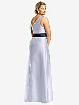 Rear View Thumbnail - Silver Dove & Midnight Navy Draped One-Shoulder Satin Maxi Dress with Pockets