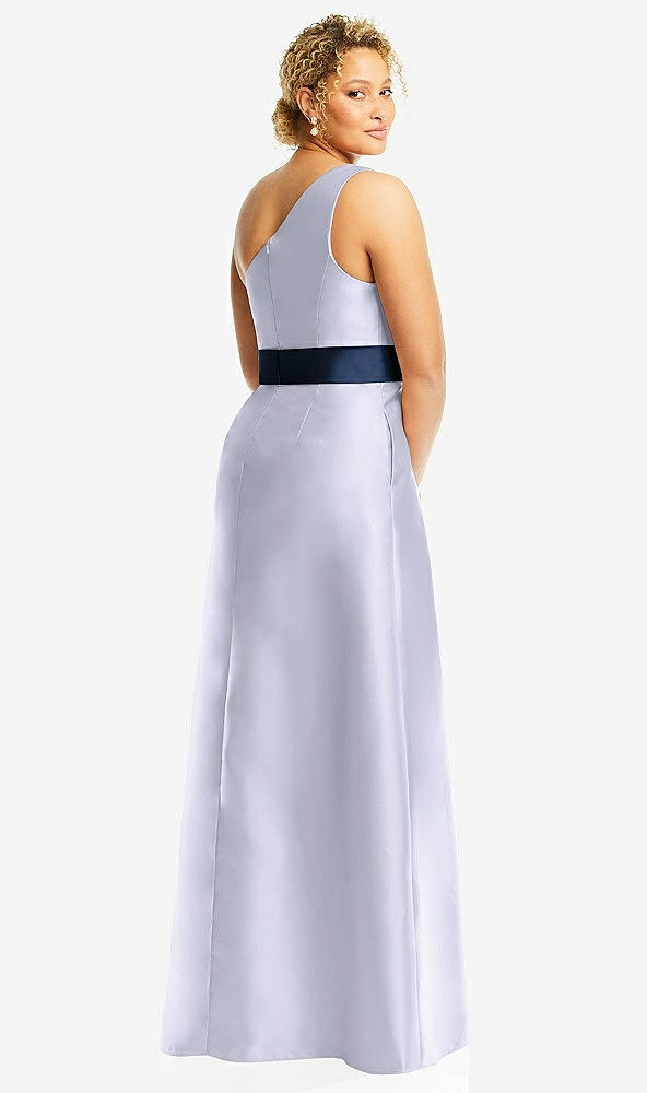 Back View - Silver Dove & Midnight Navy Draped One-Shoulder Satin Maxi Dress with Pockets