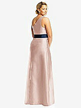 Rear View Thumbnail - Toasted Sugar & Midnight Navy Draped One-Shoulder Satin Maxi Dress with Pockets