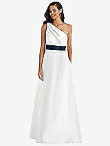 Alt View 1 Thumbnail - White & Midnight Navy Draped One-Shoulder Satin Maxi Dress with Pockets