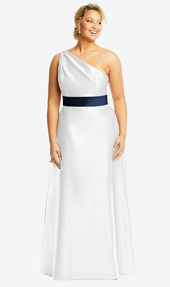 Front View - White & Midnight Navy Draped One-Shoulder Satin Maxi Dress with Pockets