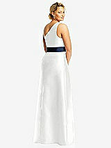 Rear View Thumbnail - White & Midnight Navy Draped One-Shoulder Satin Maxi Dress with Pockets