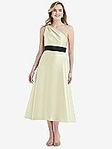 Front View Thumbnail - Butter Yellow & Black Draped One-Shoulder Satin Midi Dress with Pockets