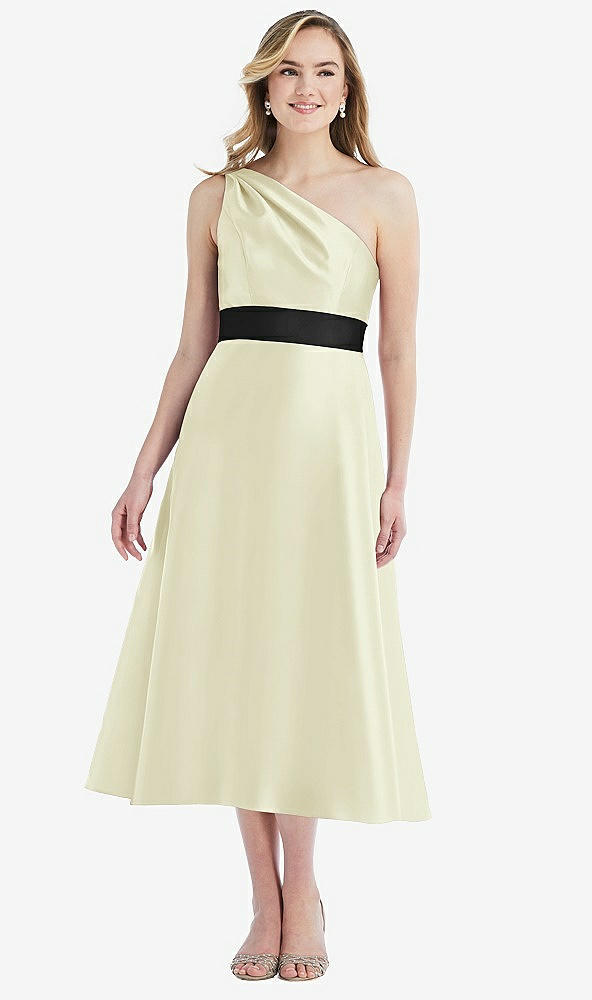 Front View - Butter Yellow & Black Draped One-Shoulder Satin Midi Dress with Pockets