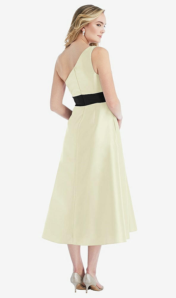 Back View - Butter Yellow & Black Draped One-Shoulder Satin Midi Dress with Pockets