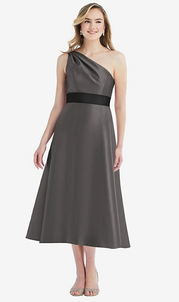Front View - Caviar Gray & Black Draped One-Shoulder Satin Midi Dress with Pockets