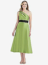 Front View Thumbnail - Mojito & Black Draped One-Shoulder Satin Midi Dress with Pockets