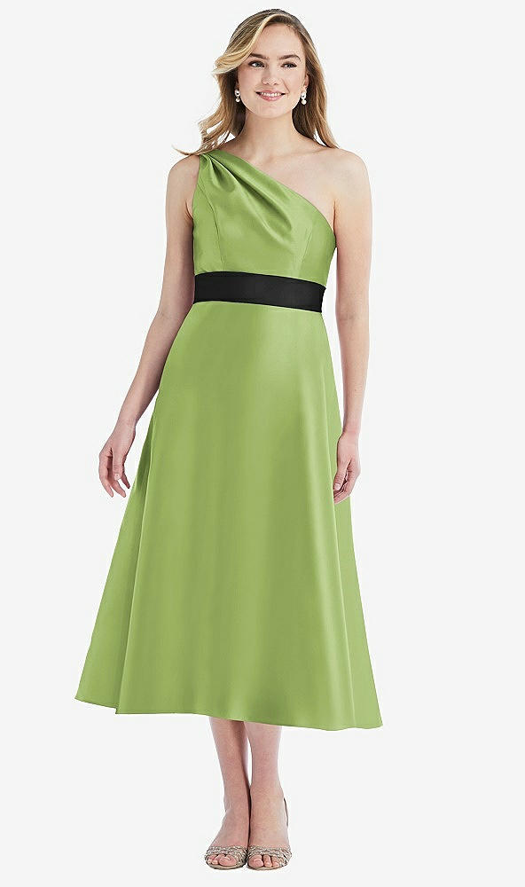 Front View - Mojito & Black Draped One-Shoulder Satin Midi Dress with Pockets