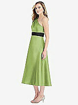 Side View Thumbnail - Mojito & Black Draped One-Shoulder Satin Midi Dress with Pockets