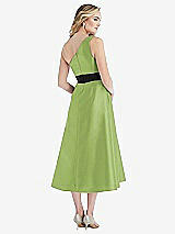Rear View Thumbnail - Mojito & Black Draped One-Shoulder Satin Midi Dress with Pockets