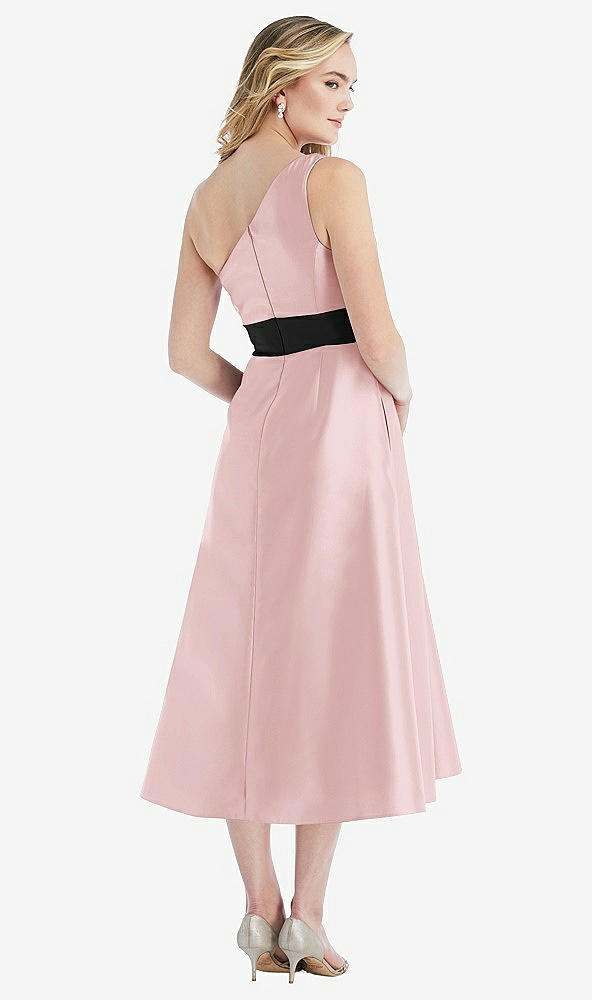 Back View - Ballet Pink & Black Draped One-Shoulder Satin Midi Dress with Pockets