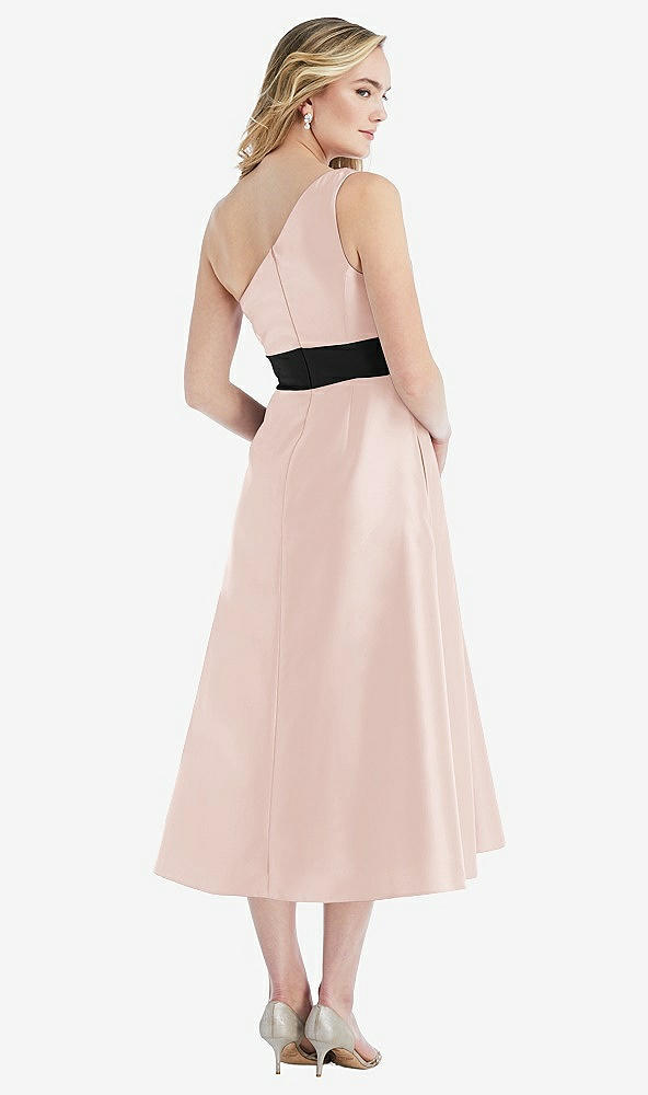 Back View - Blush & Black Draped One-Shoulder Satin Midi Dress with Pockets