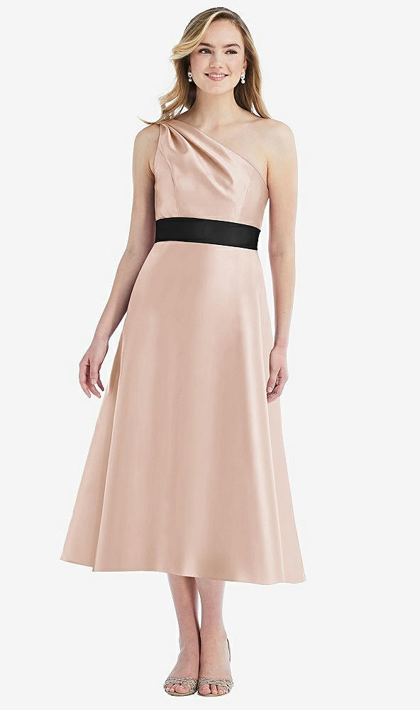 Front View - Cameo & Black Draped One-Shoulder Satin Midi Dress with Pockets