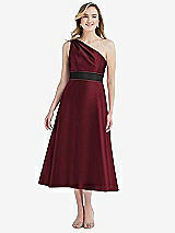Front View Thumbnail - Cabernet & Black Draped One-Shoulder Satin Midi Dress with Pockets