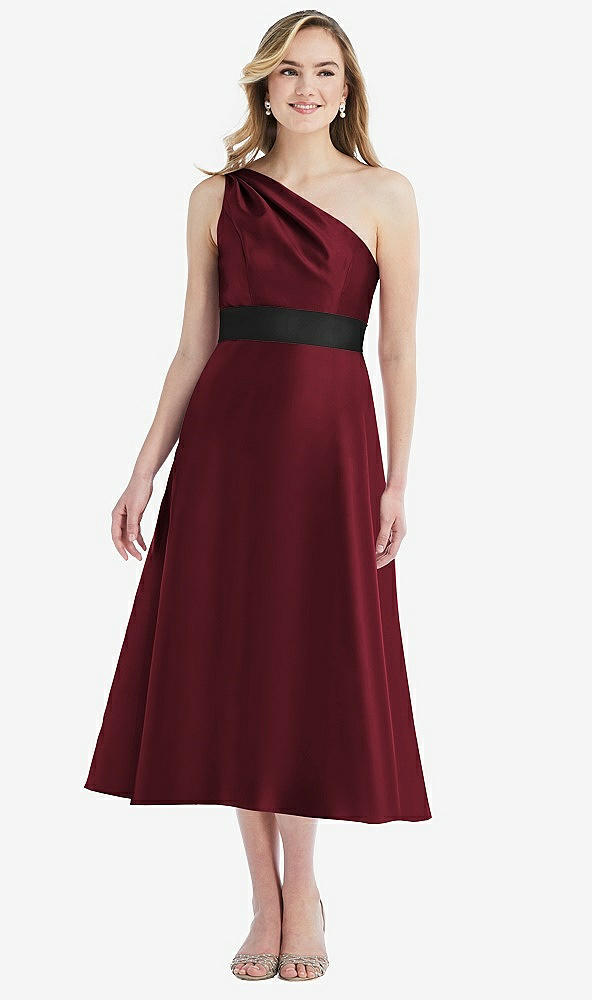 Front View - Cabernet & Black Draped One-Shoulder Satin Midi Dress with Pockets