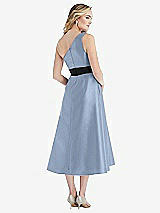 Rear View Thumbnail - Cloudy & Black Draped One-Shoulder Satin Midi Dress with Pockets