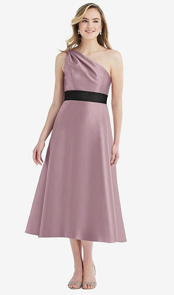Front View - Dusty Rose & Black Draped One-Shoulder Satin Midi Dress with Pockets