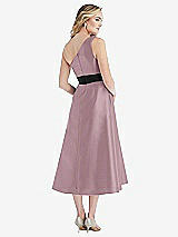 Rear View Thumbnail - Dusty Rose & Black Draped One-Shoulder Satin Midi Dress with Pockets