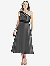 Front View Thumbnail - Gunmetal & Black Draped One-Shoulder Satin Midi Dress with Pockets