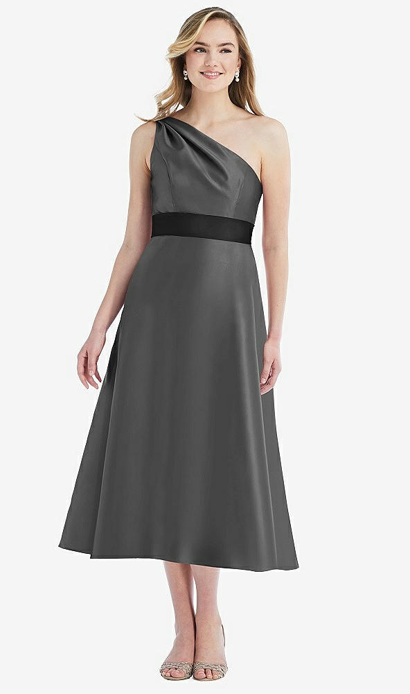 Front View - Gunmetal & Black Draped One-Shoulder Satin Midi Dress with Pockets