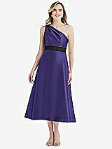 Front View Thumbnail - Grape & Black Draped One-Shoulder Satin Midi Dress with Pockets