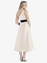 Rear View Thumbnail - Ivory & Black Draped One-Shoulder Satin Midi Dress with Pockets